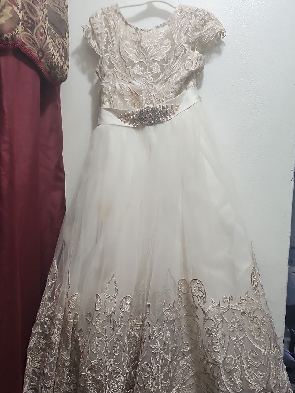 Ivory Embroidered Tulle Formal Dress with Beaded Waist for Girls